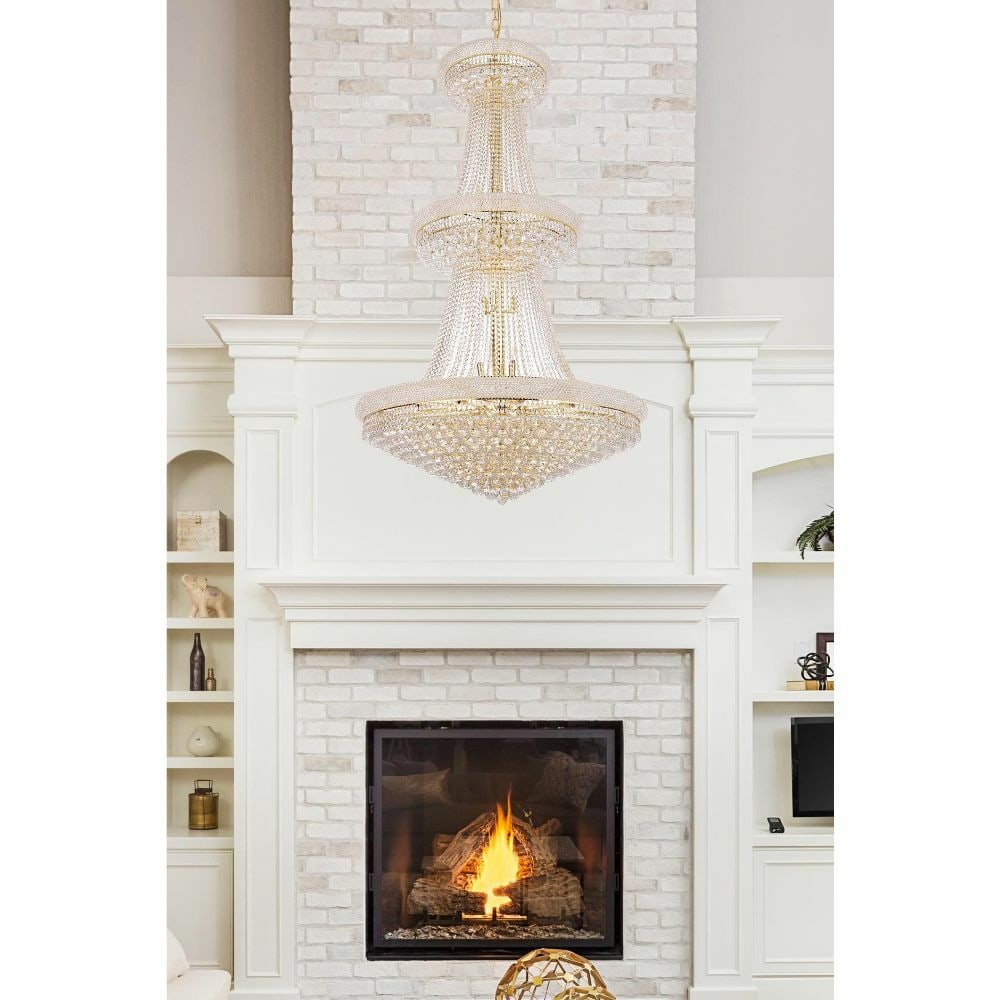 Primo 38 Light Gold Crystal Foyer Chandelier: Primo 38 Light Gold Crystal Foyer Chandelier This large crystal chandelier features a gold finish and an empire shade design, making it an impressive centerpiece for entryways, foyers, or dining rooms
