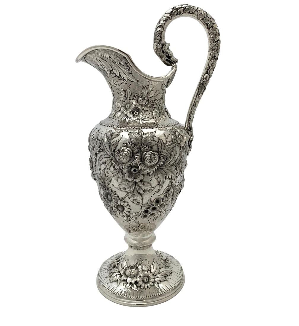 Antique S. Kirk & Son 925 Sterling Silver Floral Repousse Pitcher 15": Antique S. Kirk & Son 925 Sterling Silver Floral Repousse Pitcher 15" This exquisite antique pitcher by S. Kirk & Son is crafted from 925 sterling silver, featuring stunning handmade rose floral repou
