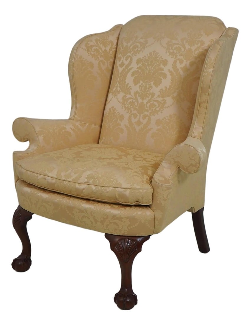 Kindel Winterthur Damask Wing Chair Chippendale Style Gold Upholstery: Kindel Winterthur Damask Wing Chair Chippendale Style Gold Upholstery Introducing the Kindel Winterthur Collection Damask Wing Chair, a stunning piece that embodies traditional elegance and craftsmans