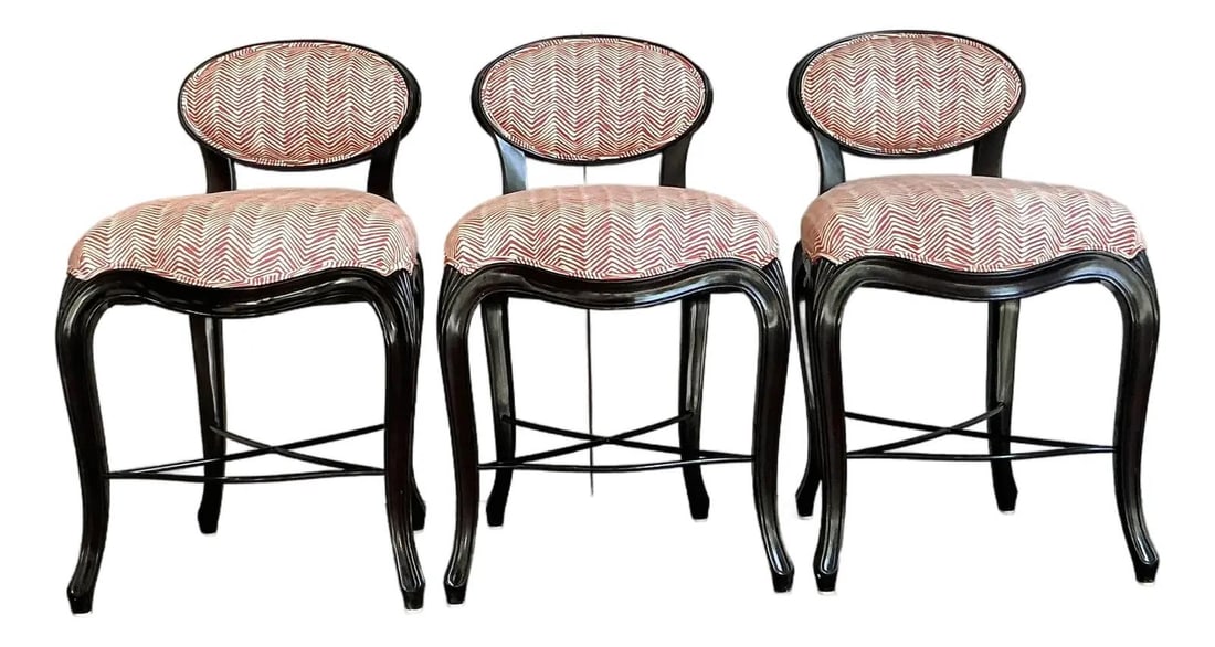Set of 3 Regency Style Barstools Cafe Du Paris Design by Christopher Guy: Set of 3 Regency Style Barstools Cafe Du Paris Design by Christopher Guy This set of three vintage Regency-style "Cafe Du Paris" barstools by Christopher Guy features sculpted dark wood frames paired 