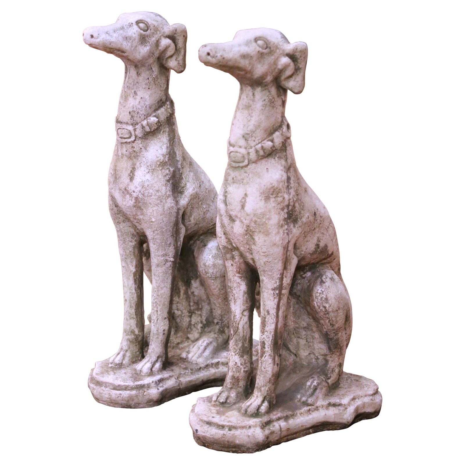 Set of 2 French Hand-Carved Stone Greyhound Garden Statues: Set of 2 French Hand-Carved Stone Greyhound Garden Statues This pair of vintage French outdoor sculptures features hand-carved stone greyhound dogs, each depicted seated with attentive expressions and