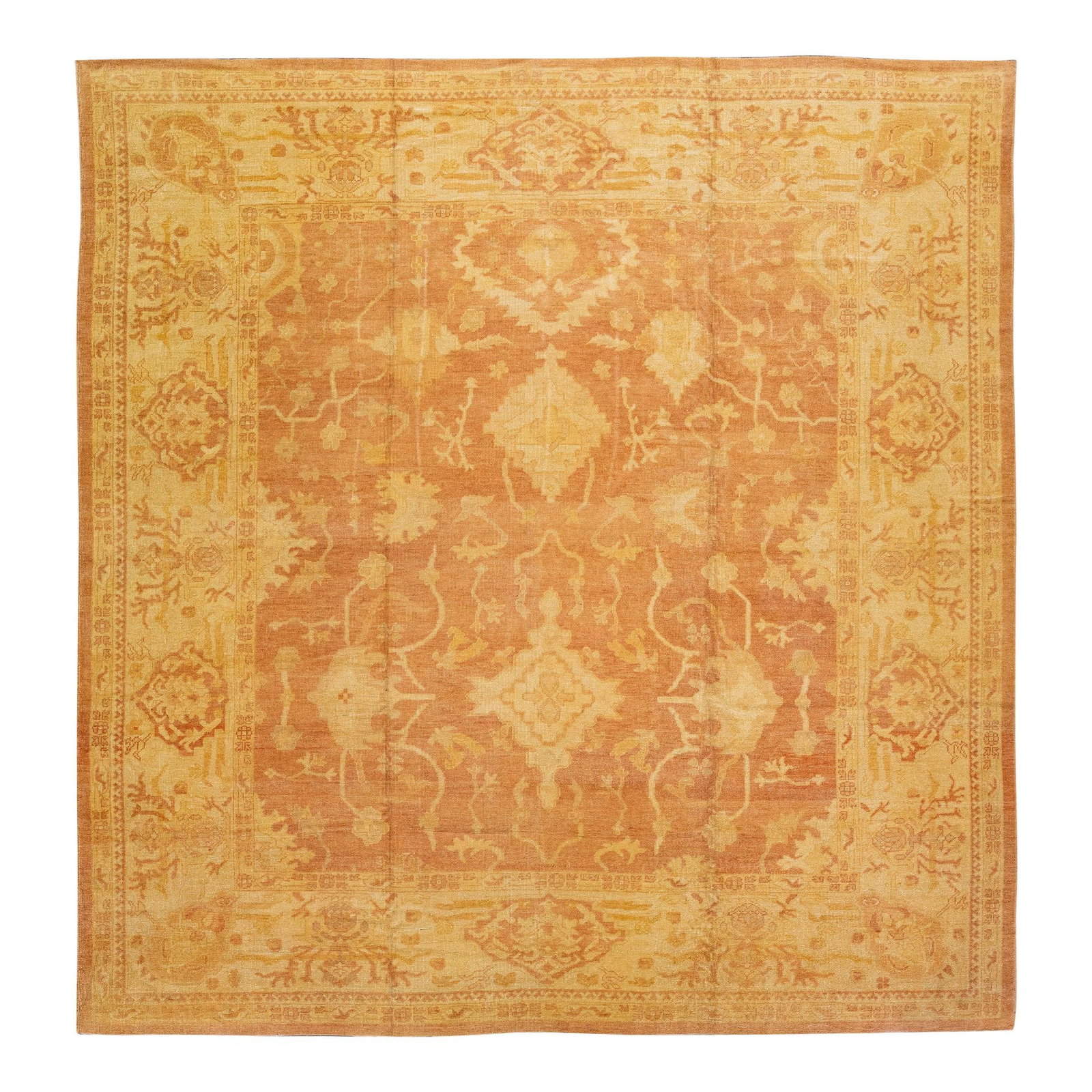 Handmade Turkish Oushak Wool Rug Orange-Rust Floral Design 13'6 x 14: Handmade Turkish Oushak Wool Rug Orange-Rust Floral Design 13'6 x 14 Enhance your living space with this exquisite modern Turkish hand-knotted wool rug. Featuring a captivating orange-rust color