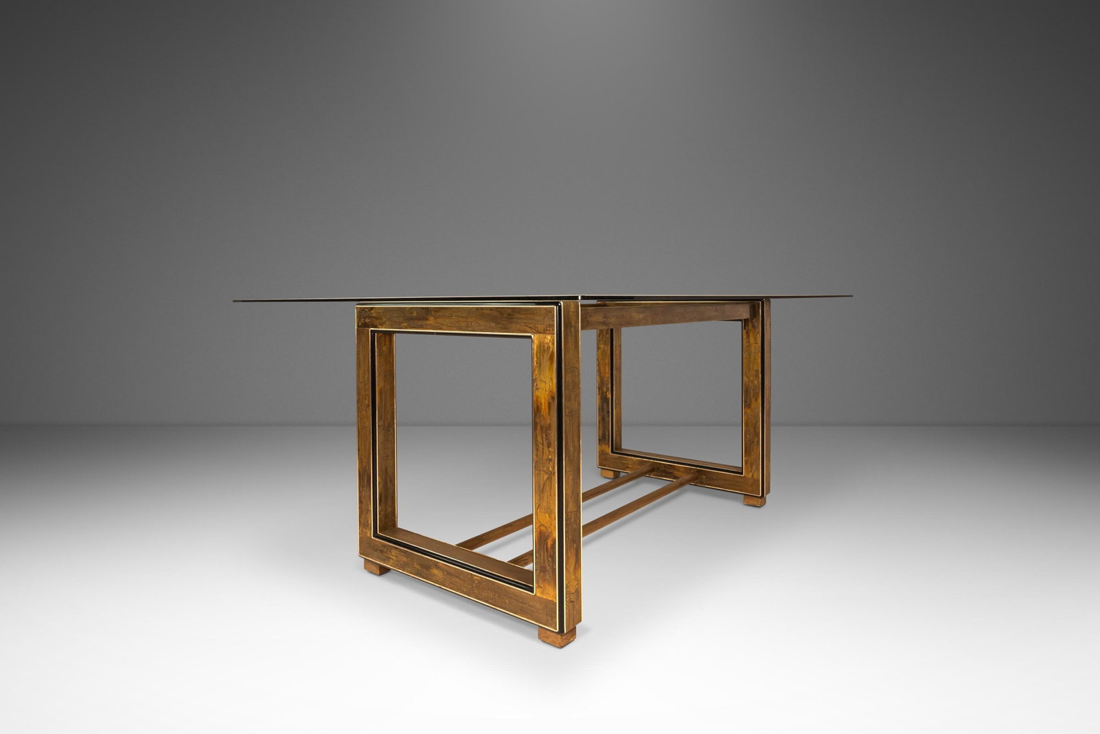 Acid-Etched Brass and Glass Table Attributed to Bernhard Rohne Circa 1970s: Acid-Etched Brass and Glass Table Attributed to Bernhard Rohne Circa 1970s This Mid-Century Modern desk or dining table was designed by Bernhard Rohne for Mastercraft in the United States during the 1