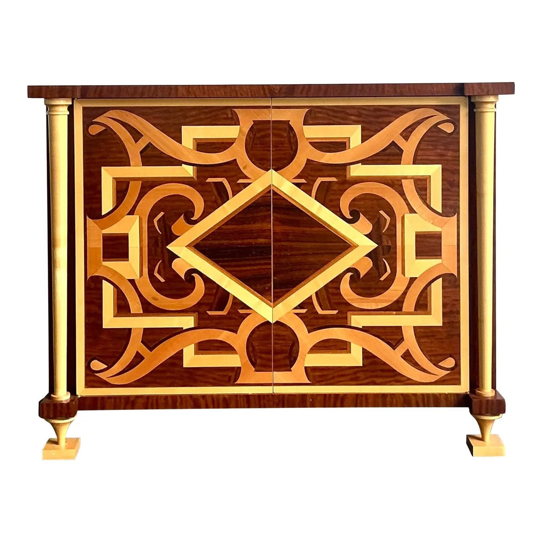 Hollywood Regency Marquetry Cabinet by Andre Arbus for William Switzer: Hollywood Regency Marquetry Cabinet by Andre Arbus for William Switzer This vintage cabinet embodies the Hollywood Regency style, inspired by Andre Arbus for William Switzer. The piece features remark