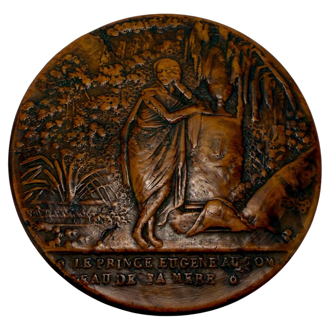 19th Century French Boxwood Snuff Box Prince Eugene Mourning Scene: 19th Century French Boxwood Snuff Box Prince Eugene Mourning Scene This exquisite 19th-century French carved boxwood snuff box features a deeply modeled high relief lid depicting a classical mourning 