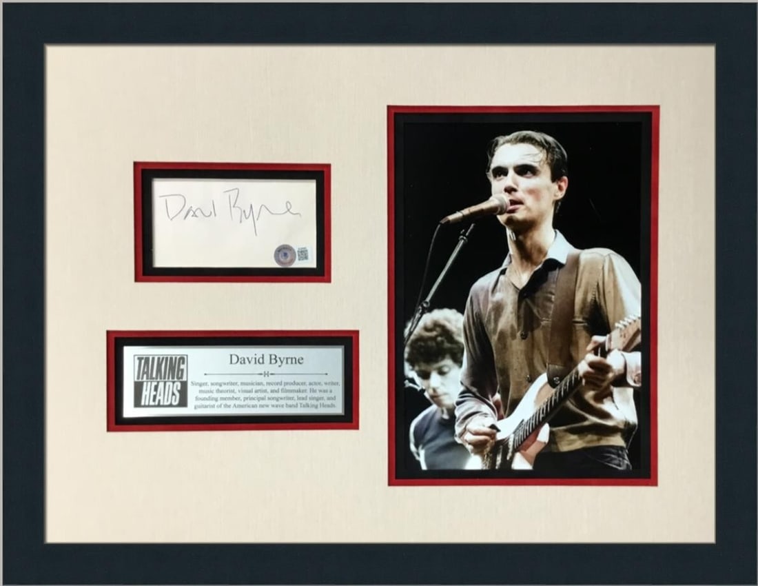 David Byrne Signed Cut Card Photo Custom Framed Beckett COA 20x24: David Byrne Signed Cut Card Photo Custom Framed Beckett COA 20x24 This is an original signed cut card photograph of David Byrne, beautifully custom framed to a size of 20" x 24". The photograph itself