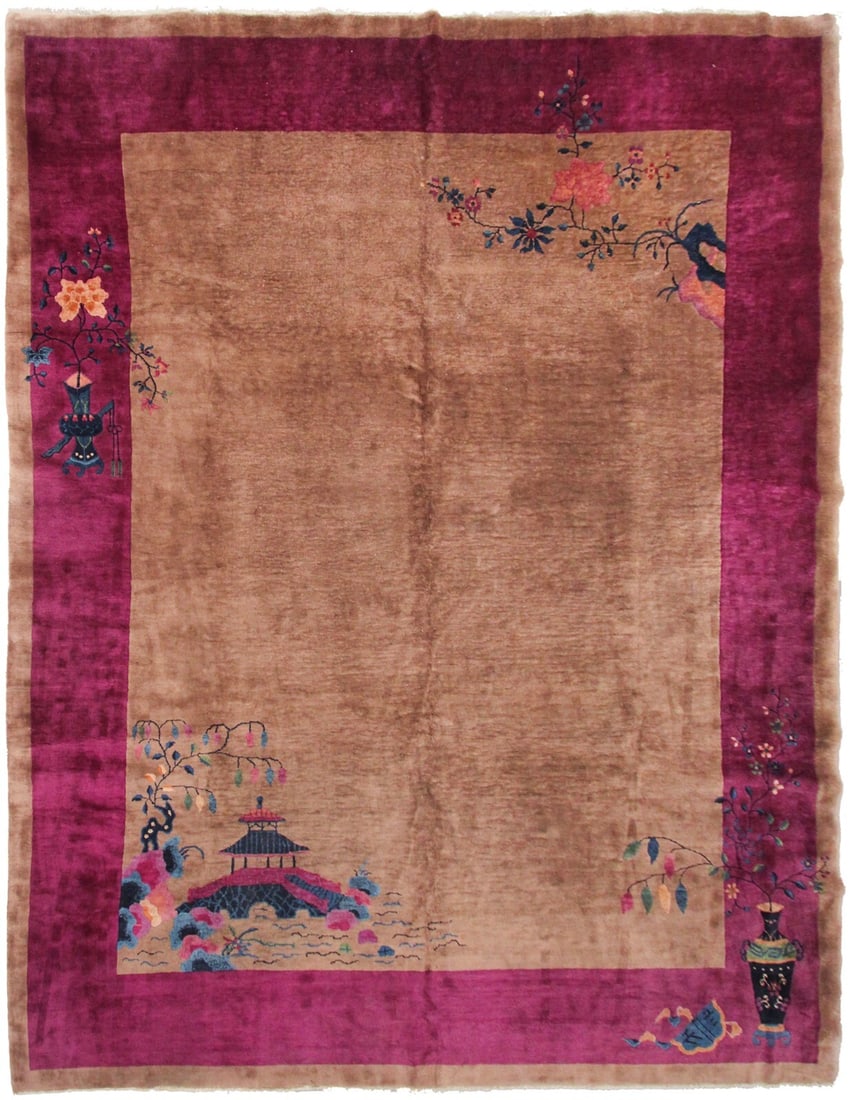 Hand Knotted Beige Art Deco Wool Area Rug 9x12 Chinese Floral (1 of 14)