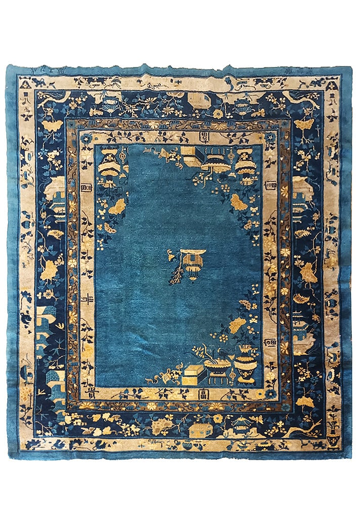 7.3 x 9 Art Deco Pejing Chinese Blue Hand-Knotted Wool Rug: 7.3 x 9 Art Deco Pejing Chinese Blue Hand-Knotted Wool Rug Free continental US Shipping Discover the 7' x 9' Art Deco Pejing Chinese Blue Rug, an exquisite antique carpet that encapsulates the eleganc