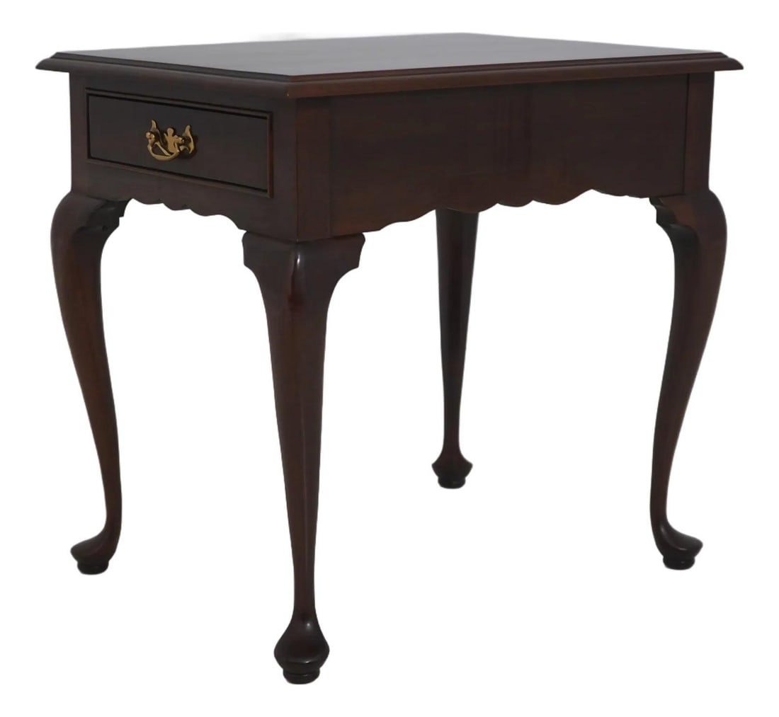 Mahogany Lamp Table with Drawer and Queen Anne Legs: Mahogany Lamp Table with Drawer and Queen Anne Legs This Queen Anne style lamp table, crafted by Stickley around 1989, features high-quality mahogany construction with traditional Queen Anne legs and 
