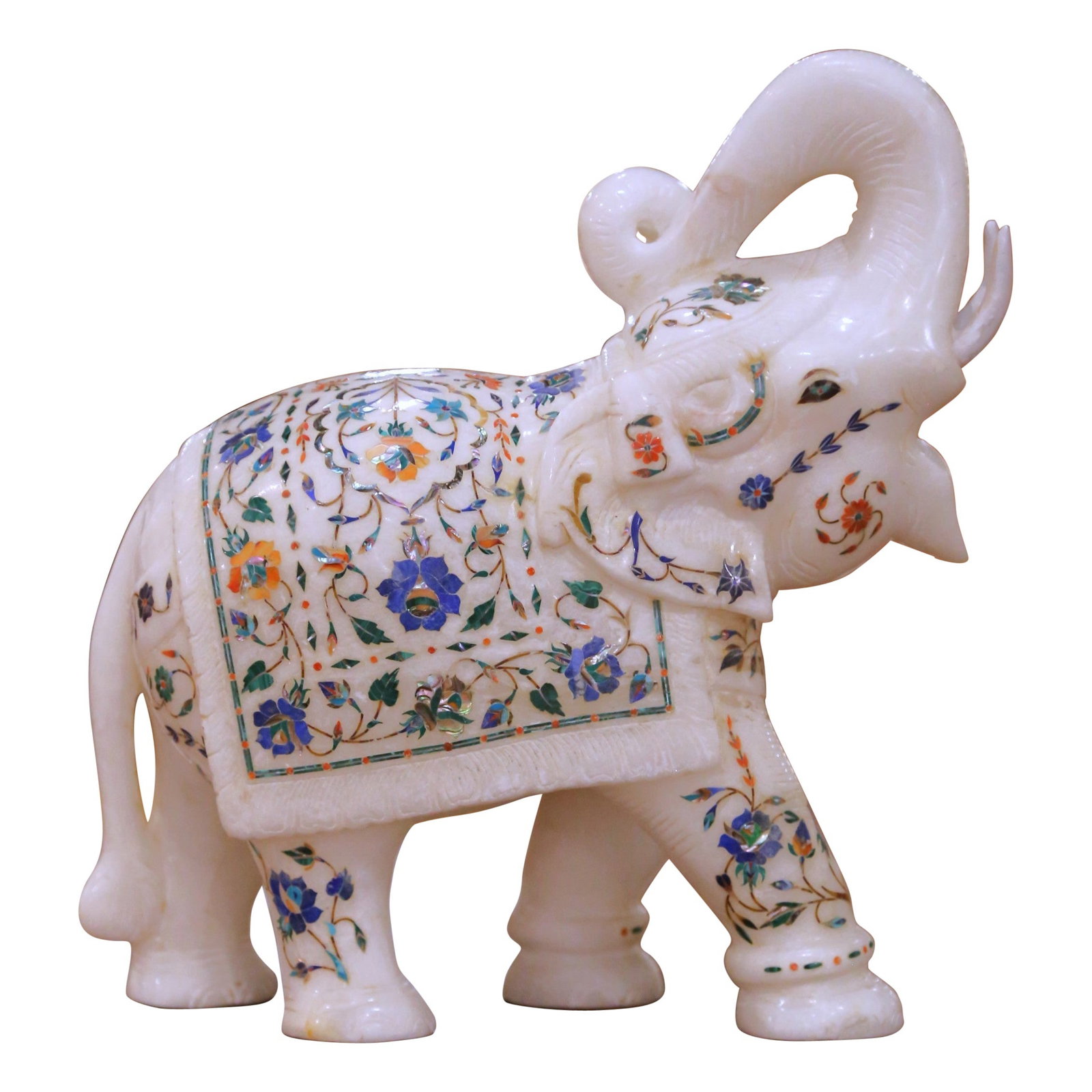 Hand-Carved Indian Marble Elephant Sculpture with Colorful Pietra Dura Inlay: Hand-Carved Indian Marble Elephant Sculpture with Colorful Pietra Dura Inlay This mid-20th century Indian marble elephant sculpture is expertly hand-carved from solid white marble and features intrica
