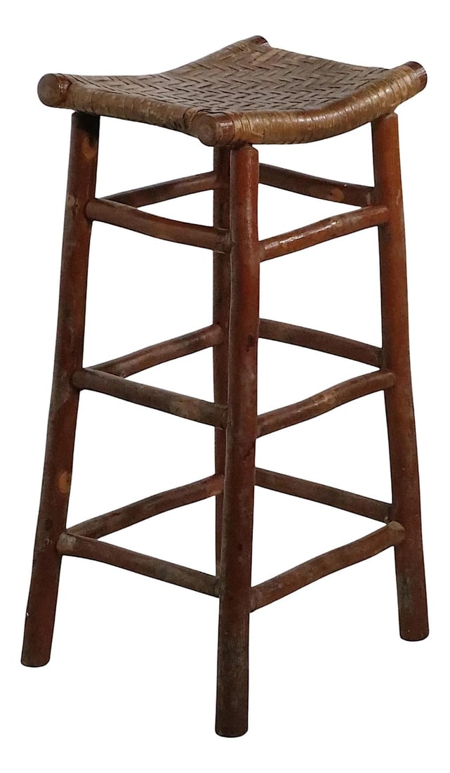 Vintage Adirondack Bar Stool Old Hickory Style Woven Cane: Vintage Adirondack Bar Stool Old Hickory Style Woven Cane This Vintage Adirondack bar stool features a classic design, showcasing a wooden frame likely made from Hickory and a woven cane seat. It is p