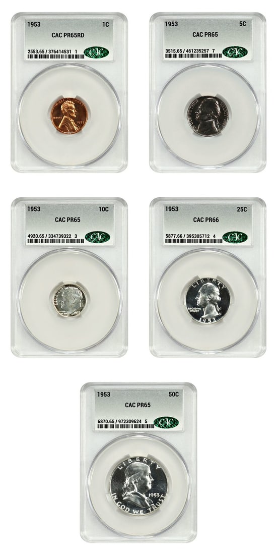 1953 Philadelphia CACG Proof Coin Set 1C to 50C PR65 PR66: 1953 Philadelphia CACG Proof Coin Set 1C to 50C PR65 PR66 This 1953 Proof Set includes five coins from the 1 cent to 50 cent denominations, all minted in Philadelphia. The set is certified by CACG, wi