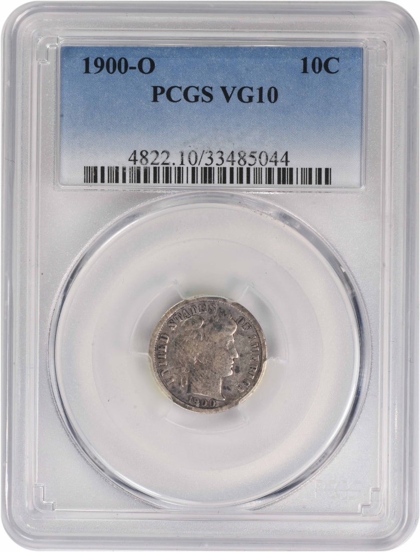 1900-O Barber Silver Dime VG10 Certified PCGS 90% Silver: 1900-O Barber Silver Dime VG10 Certified PCGS 90% Silver This 1900-O Barber Silver Dime, certified by PCGS, is a remarkable piece for coin collectors. Minted in New Orleans, this coin features the ico