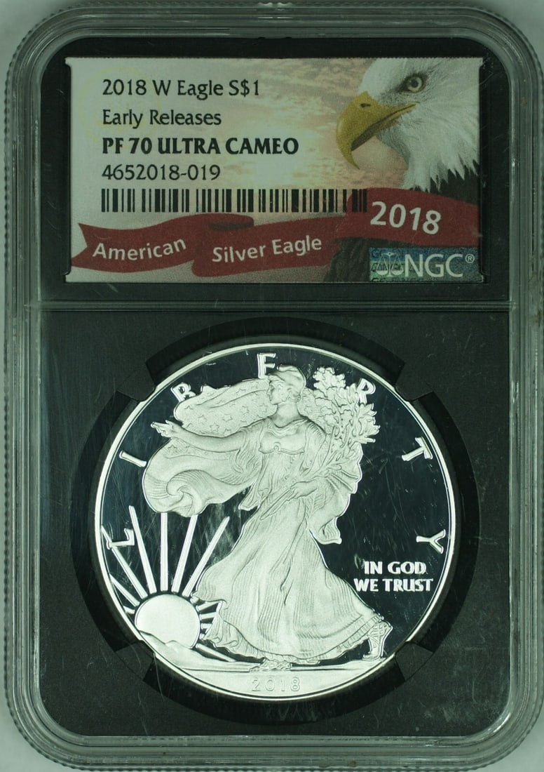 NGC PR-70 Ultra Cameo 2018-W Silver Eagle 1 oz Early Releases Coin: NGC PR-70 Ultra Cameo 2018-W Silver Eagle 1 oz Early Releases Coin This 2018-W American Silver Eagle coin features a fineness of 0.999 and contains 1 ounce of silver. Minted at West Point, it is certi