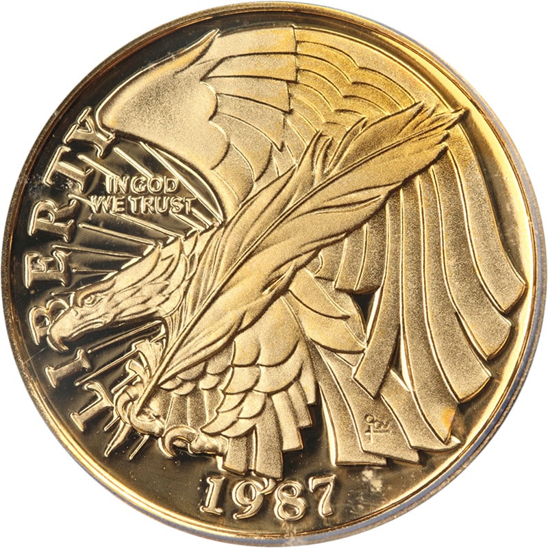 ICG PR70 DCAM 1987-W Constitution $5 Gold Commemorative Coin: ICG PR70 DCAM 1987-W Constitution $5 Gold Commemorative Coin This 1987-W Constitution Commemorative Gold $5 coin is an uncirculated piece, certified and graded PR70 DCAM by ICG. Struck in gold with a 