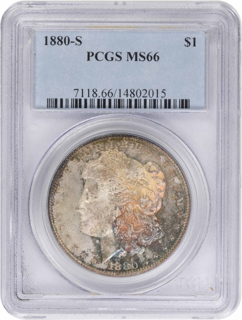MS66 1880-S Morgan Dollar with Rainbow Toning Graded by PCGS: MS66 1880-S Morgan Dollar with Rainbow Toning Graded by PCGS This 1880-S Morgan Silver Dollar features striking rainbow toning and has been certified by PCGS with a grade of MS66. Struck at the San Fr
