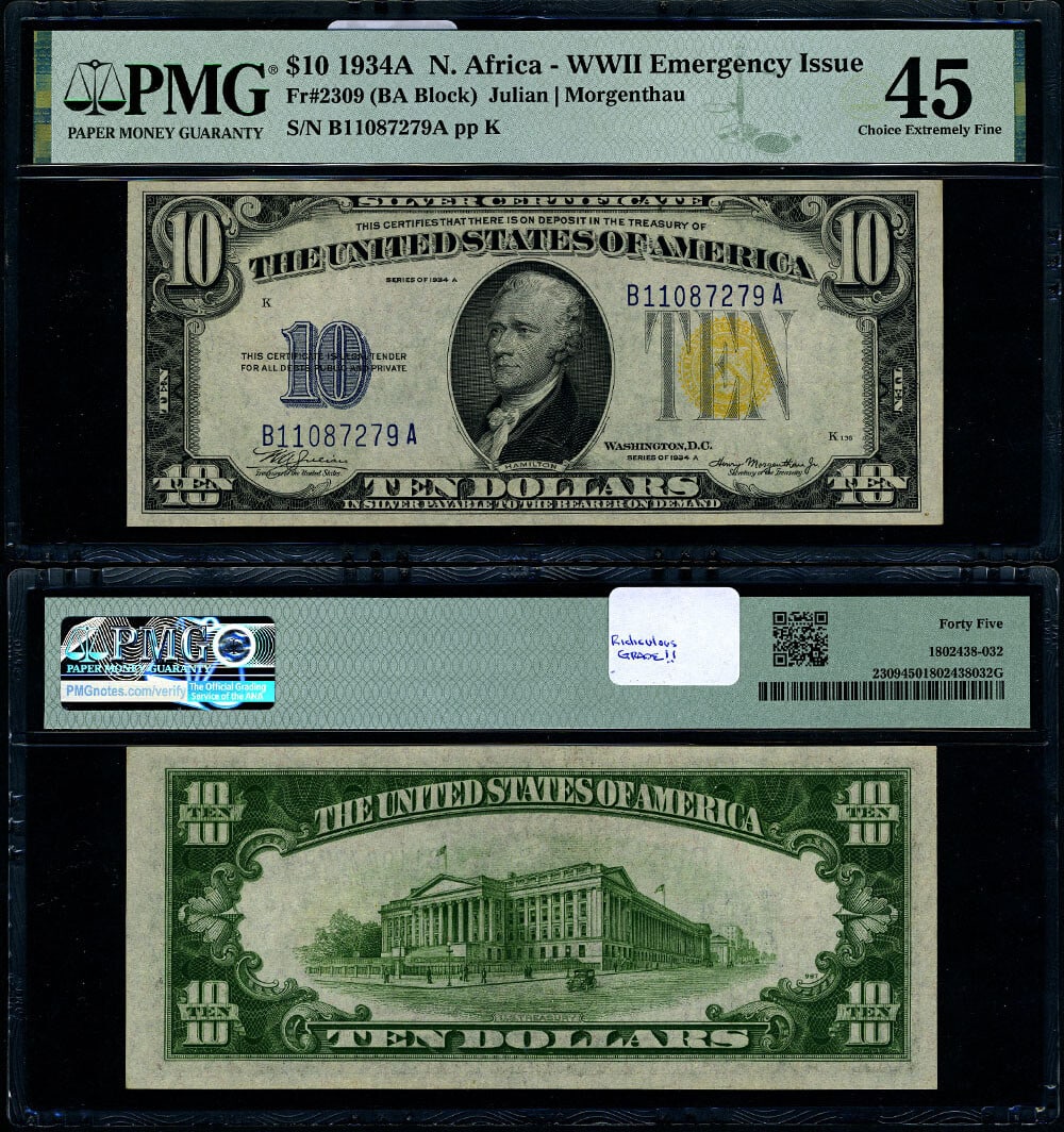 $10 1934-A North Africa Note B-A Block PMG XF45 Choice: $10 1934-A North Africa Note B-A Block PMG XF45 Choice This 1934-A North Africa Note, designated as FR. 2309, features a denomination of $10 and is graded as Choice XF45 by PMG. The note showcases ori