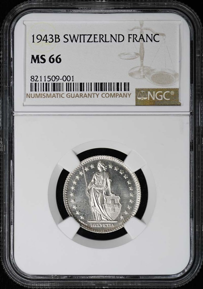 NGC MS66 1943 Swiss 1 Franc Uncirculated Coin (1 of 2)