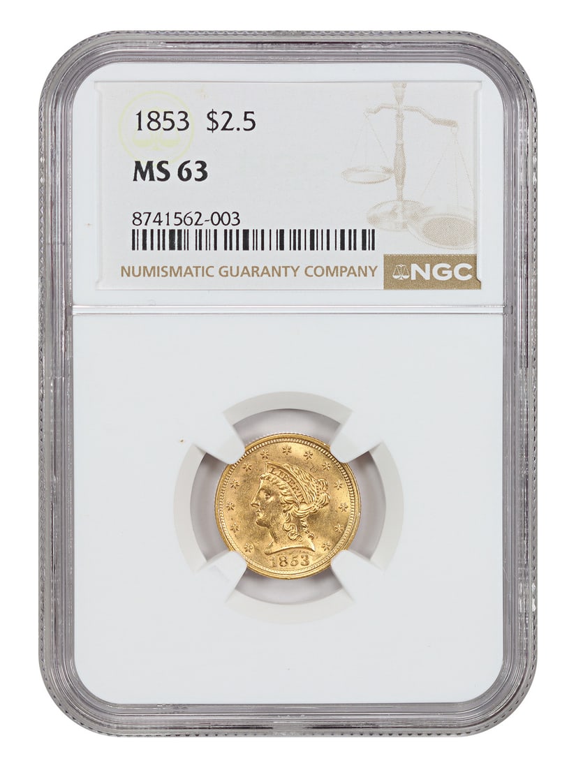 NGC MS63 1853 Liberty Head Gold Quarter Eagle Coin: NGC MS63 1853 Liberty Head Gold Quarter Eagle Coin This 1853 Liberty Head $2.5 gold coin is graded MS63 by NGC, indicating an uncirculated condition with brilliant luster and attractive sunny-gold col