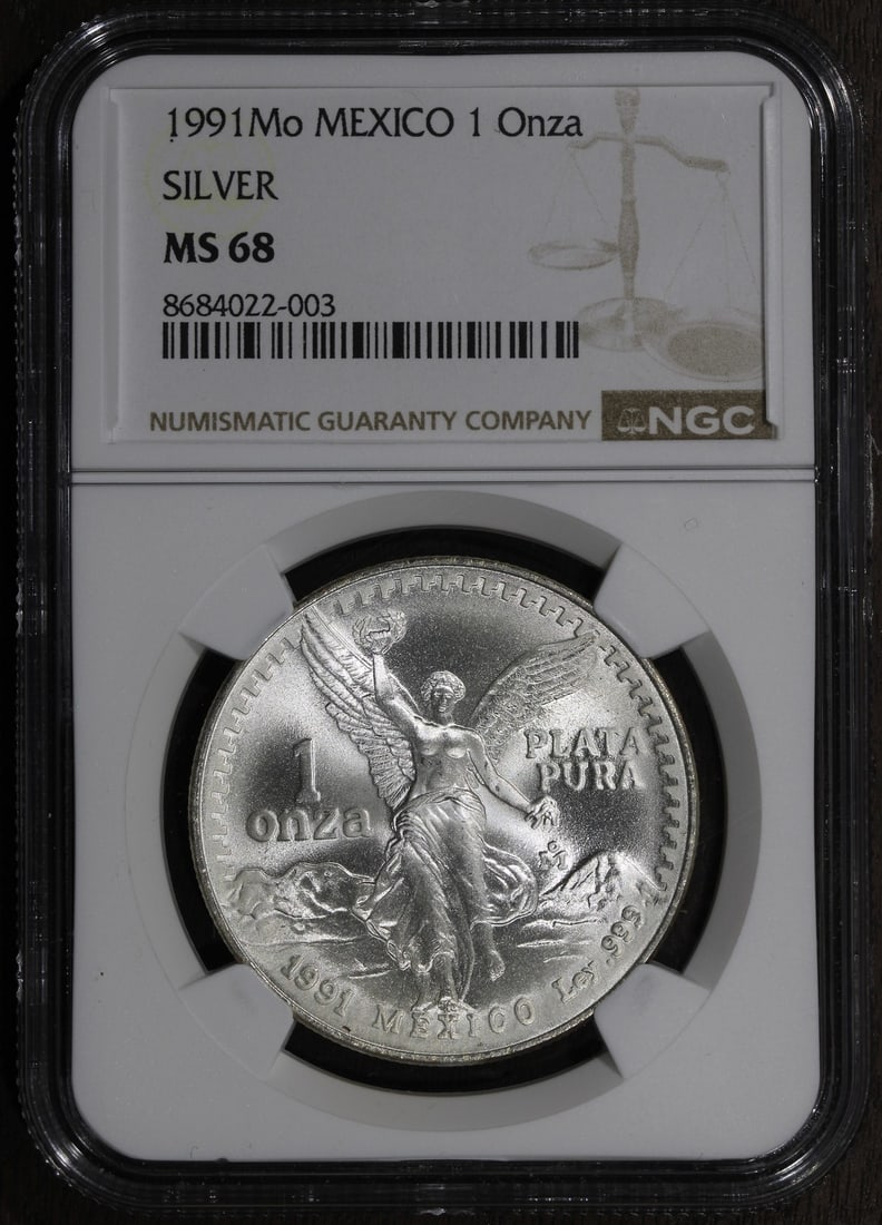 NGC MS68 1991 Mexico Silver Libertad 1 oz Coin: NGC MS68 1991 Mexico Silver Libertad 1 oz Coin This 1991 Mexican Libertad 1 oz silver coin features a .999 fine silver composition and has been graded MS 68 by NGC. Minted by the Mexican Mint, this co