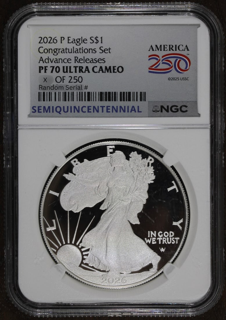 2026 P NGC PF70 Silver Eagle Proof Dollar: 2026 P NGC PF70 Silver Eagle Proof Dollar This 2026 American Silver Eagle $1 coin is a proof strike from the United States, composed of 1 oz of .999 fine silver. Graded PF 70 by NGC, it is part of the