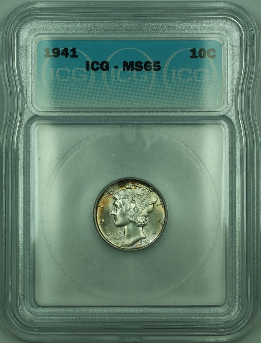 ICG MS-65 1941 Mercury 10c Silver Dime: ICG MS-65 1941 Mercury 10c Silver Dime This 1941 Mercury Silver Dime is an uncirculated 10-cent coin from the United States, graded MS-65 by ICG. Composed of 90% silver, it features attractive toning.