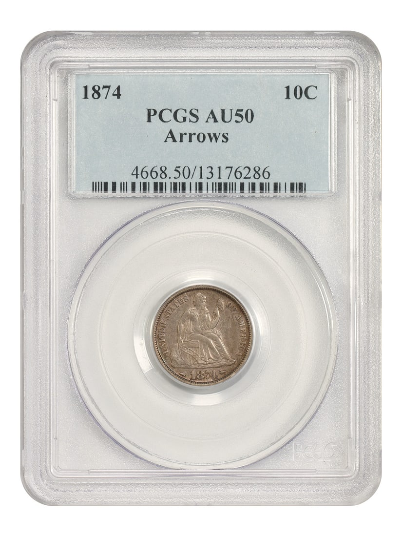 PCGS AU50 1874 Liberty Seated Dime with Arrows: PCGS AU50 1874 Liberty Seated Dime with Arrows This is an 1874 Liberty Seated Dime with Arrows, certified by PCGS and graded AU50. The coin was minted in Philadelphia and has been circulated. It is a 