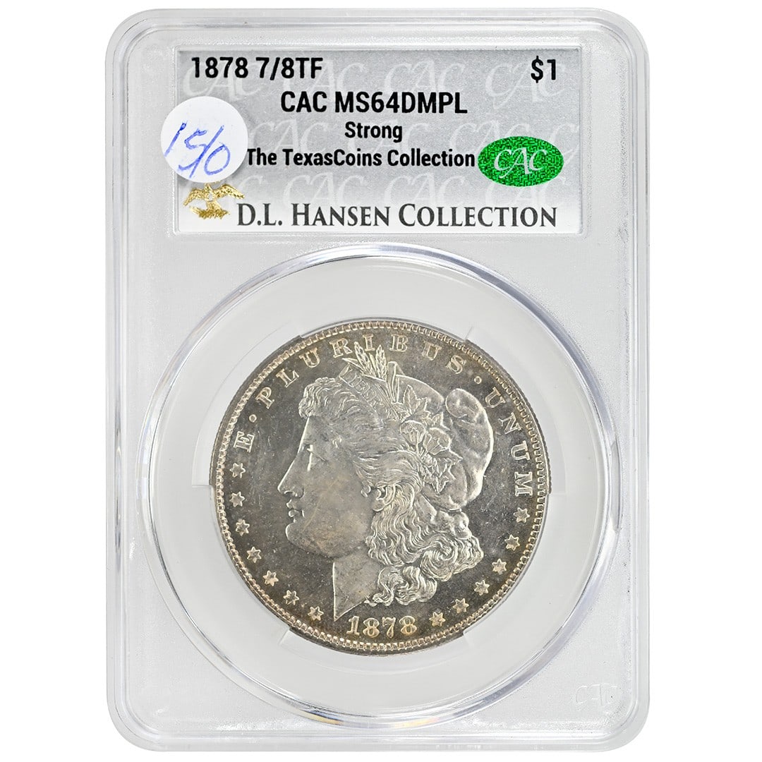 CACG MS64DMPL 1878 Morgan Dollar 7 8TF Silver: CACG MS64DMPL 1878 Morgan Dollar 7 8TF Silver This 1878 7/8 Tail Feathers Morgan Dollar is a rare first-year issue from the United States Mint in Philadelphia. Graded MS64DMPL by CACG, it features a D