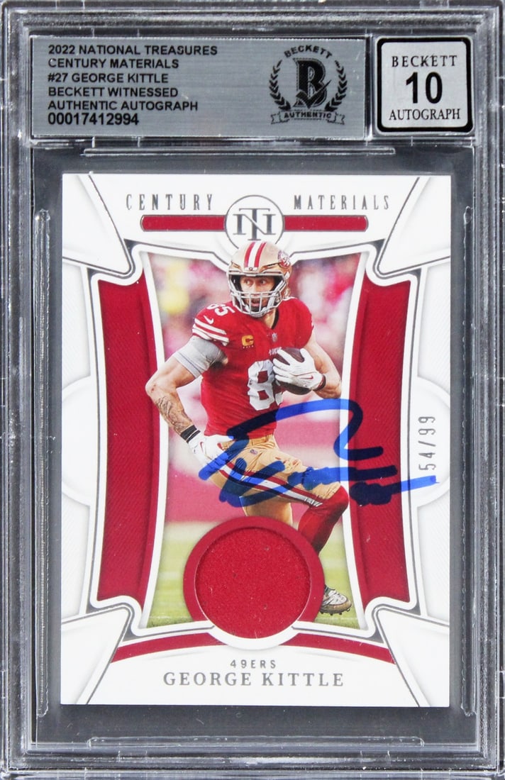 George Kittle Signed 2022 National Treasures #27 54/99 Card Gem Mint 10 Beckett Authenticated: George Kittle Signed 2022 National Treasures #27 54/99 Card Gem Mint 10 Beckett Authenticated This 2022 National Treasures Century Materials #27 #54/99 card features a stunning autograph from George K