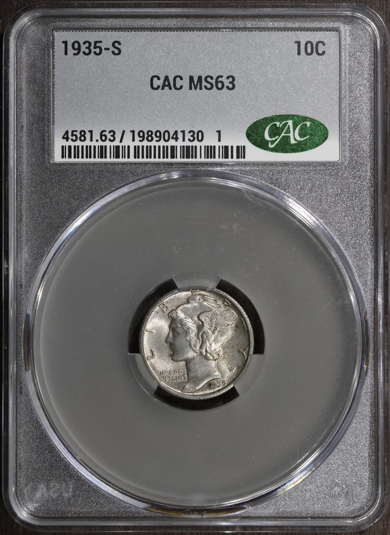 1935-S Mercury Dime CACG MS63 CAC Silver 10C: 1935-S Mercury Dime CACG MS63 CAC Silver 10C This is a 1935 Mercury Dime with a denomination of 10 cents, minted in San Francisco. The coin is composed of 90% silver and is from the United States. It 