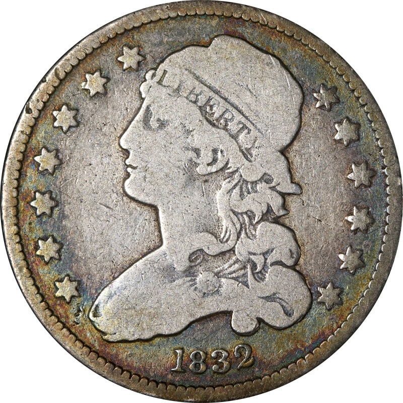 1832 United States Silver Capped Bust Quarter: 1832 United States Silver Capped Bust Quarter This 1832 Bust Quarter is a circulated silver coin from the United States. Composed of 0.9 fineness silver, it represents an early 19th-century issue. The