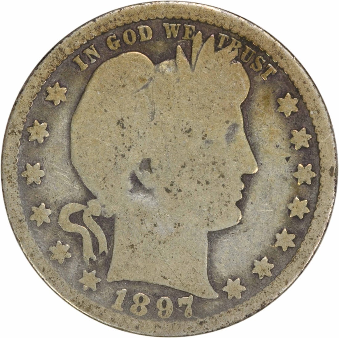 1897-O Barber Silver Quarter 25C G Uncertified Coin: 1897-O Barber Silver Quarter 25C G Uncertified Coin Discover the historical significance of the 1897-O Barber Silver Quarter, a notable piece minted in New Orleans. This circulated coin, designed by C