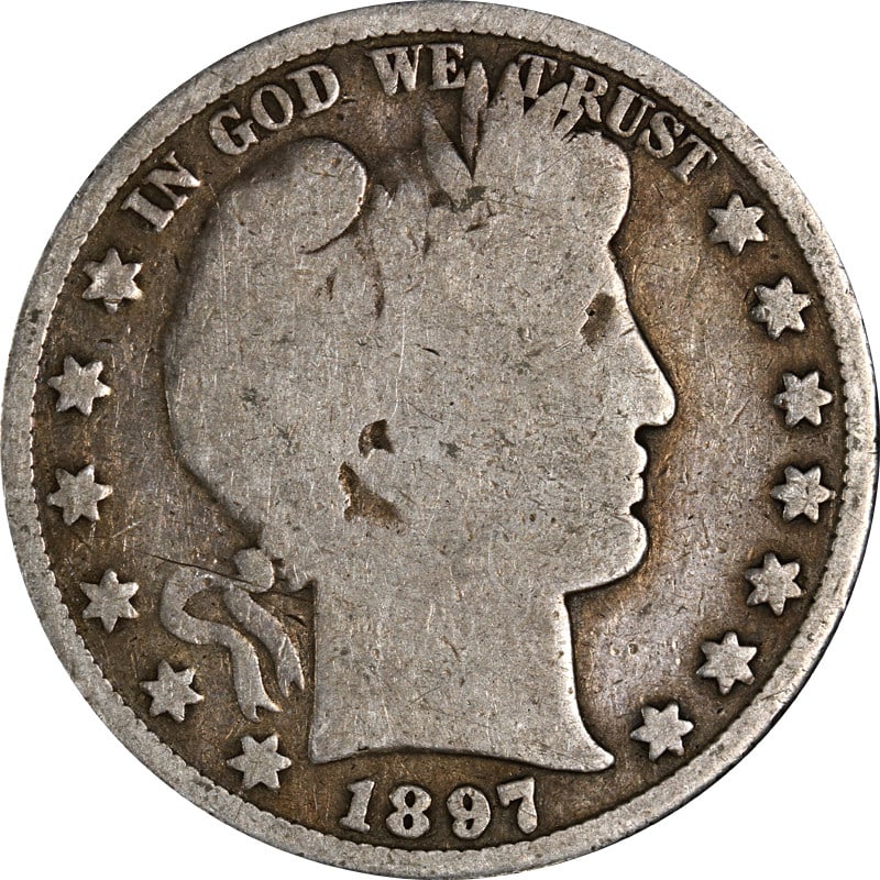 1897 Philadelphia Mint Silver Barber Half Dollar Coin: 1897 Philadelphia Mint Silver Barber Half Dollar Coin This 1897-P Barber Half Dollar is a circulated coin from the United States, minted in 1897 at the Philadelphia Mint. Made of 90% silver, it is a p