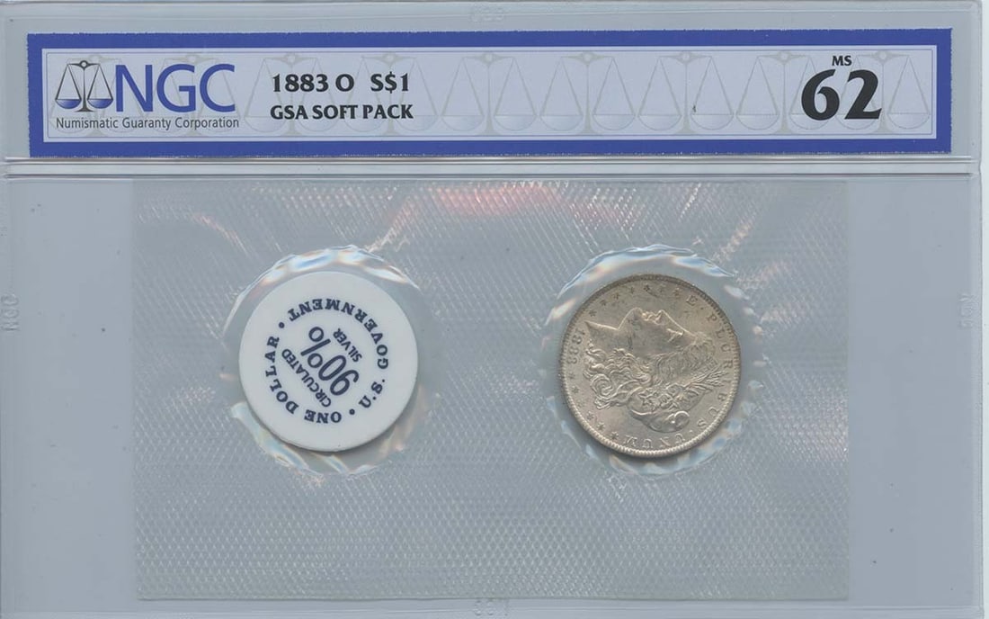 NGC MS62 1883-O Morgan Dollar in GSA Soft Pack: NGC MS62 1883-O Morgan Dollar in GSA Soft Pack This is an 1883-O Morgan Dollar presented in a GSA Soft Pack and certified by NGC with a grade of MS62. The coin was minted in New Orleans and remains in