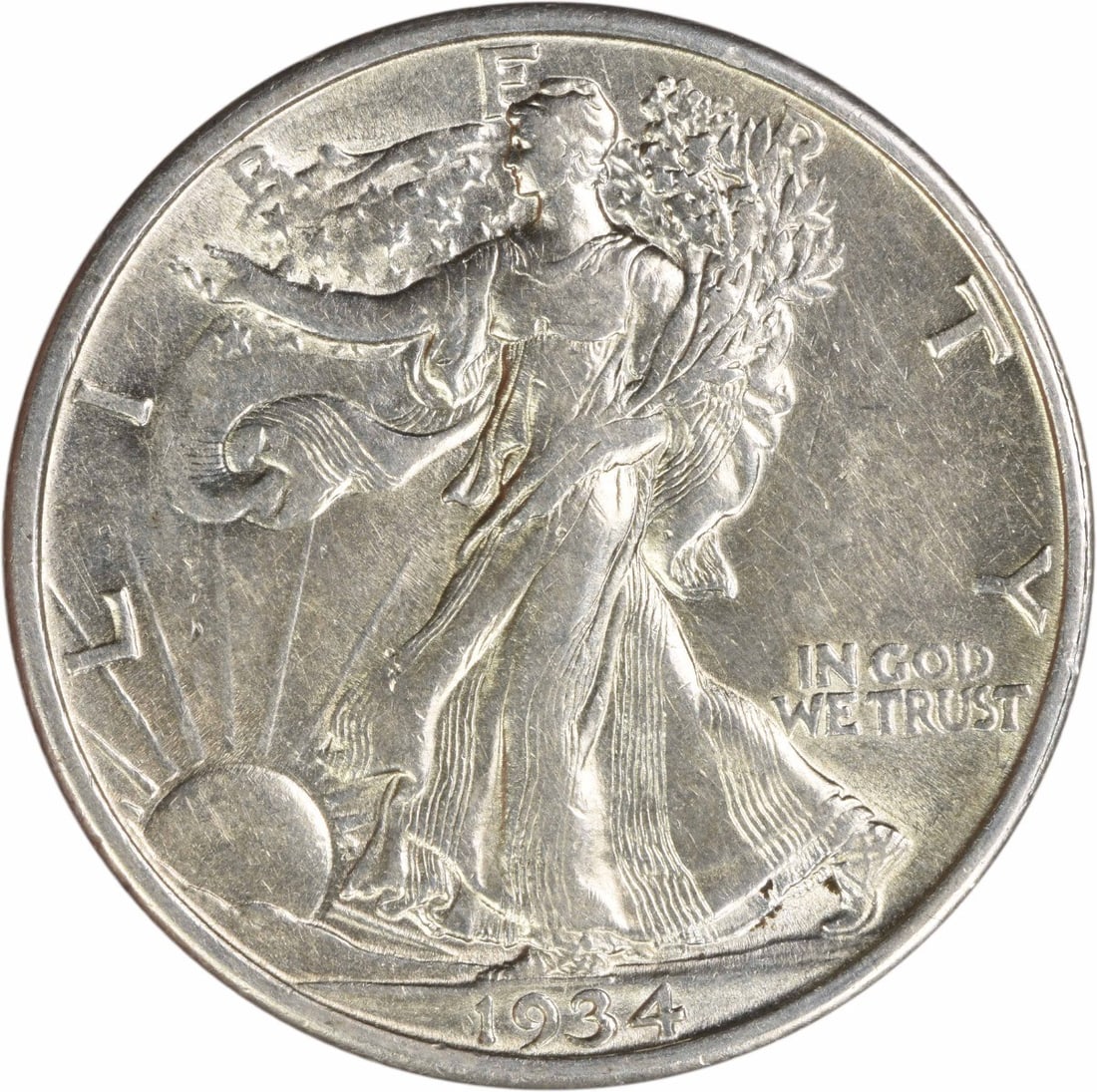 1934 Liberty Walking Half Dollar 90 Percent Silver AU Philadelphia Uncertified: 1934 Liberty Walking Half Dollar 90 Percent Silver AU Philadelphia Uncertified This 1934 Walking Liberty half dollar was struck at the Philadelphia Mint and features the iconic design by Adolph Alexan