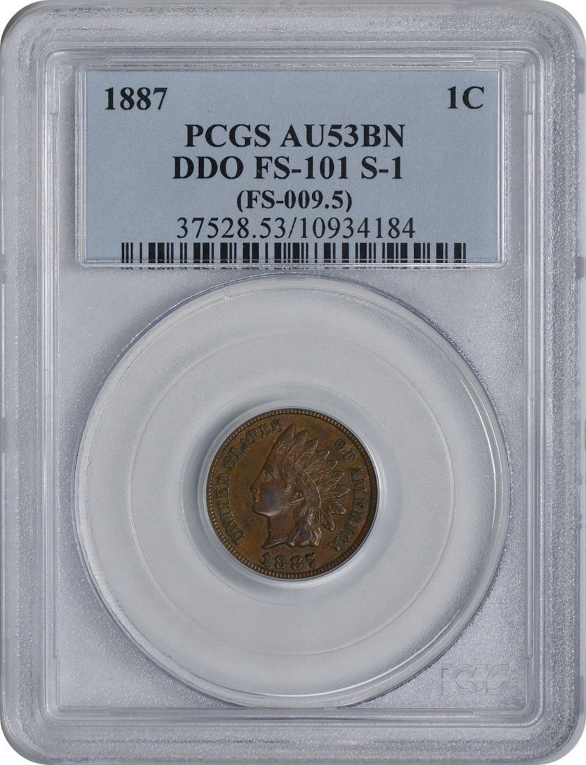 PCGS AU53 1887 Indian Head Cent DDO FS-101 S-1: PCGS AU53 1887 Indian Head Cent DDO FS-101 S-1 This 1887 Indian Head Cent features the DDO FS-101 S-1 variety and is graded AU53 by PCGS. Struck in copper, this circulated small cent is a collectible 