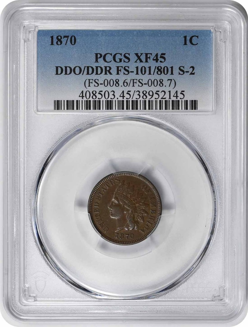 1870 Indian Head Copper Cent PCGS XF45 DDO DDR FS-101 FS-801: 1870 Indian Head Copper Cent PCGS XF45 DDO DDR FS-101 FS-801 This is an 1870 Indian Head Cent featuring both doubled die obverse (DDO) and doubled die reverse (DDR) varieties, cataloged as FS-101/801.