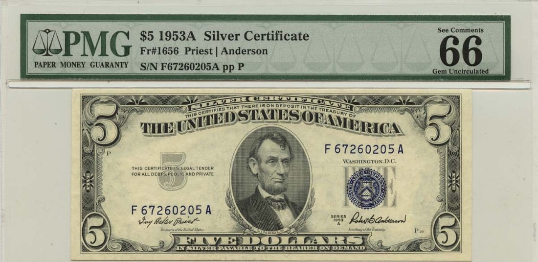 PMG MS66 1953A Five Dollar Silver Certificate Fr 1655: PMG MS66 1953A Five Dollar Silver Certificate Fr 1655 This 1953A $5 Silver Certificate, Fr# 1655, has been graded PMG Gem 66 EPQ. The note is uncirculated and has been professionally certified by PMG,