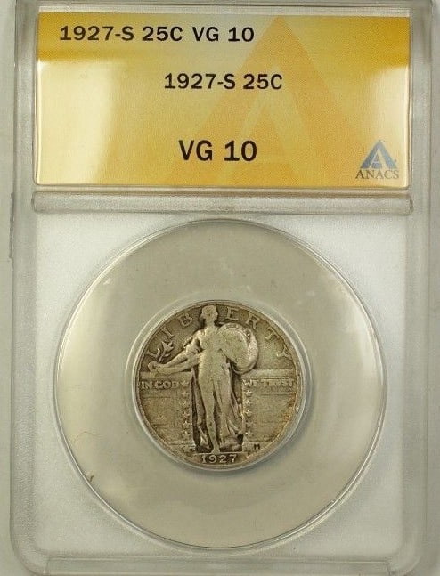 ANACS VG-10 1927-S 25C Standing Liberty Silver Quarter from San Francisco: ANACS VG-10 1927-S 25C Standing Liberty Silver Quarter from San Francisco This is a 1927-S Standing Liberty Quarter, graded VG-10 by ANACS. Struck at the San Francisco Mint, the coin is composed of 90