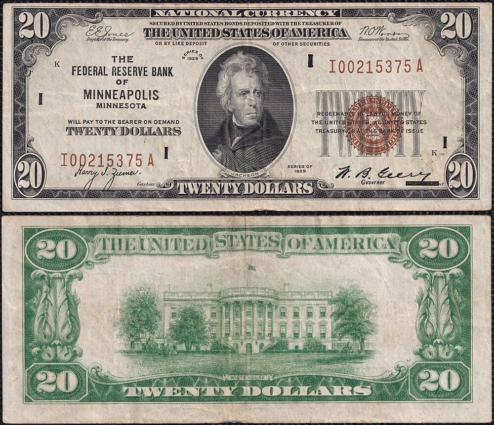 1929 Minneapolis $20 Federal Reserve Bank Note FR 1870 I-A Block VF+ (1 of 3)