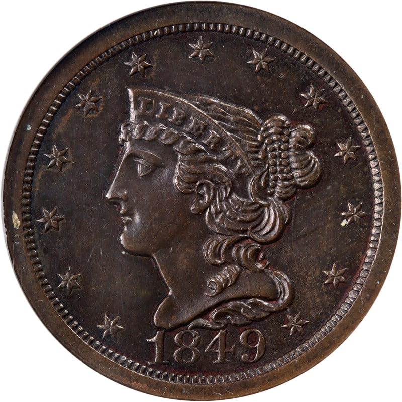 1849 Copper Braided Hair Half Cent NGC MS63 BN Uncirculated: 1849 Copper Braided Hair Half Cent NGC MS63 BN Uncirculated This original 1849 Braided Hair Half Cent features outstanding eye appeal, attractive luster, and a strong strike. With its appealing color 