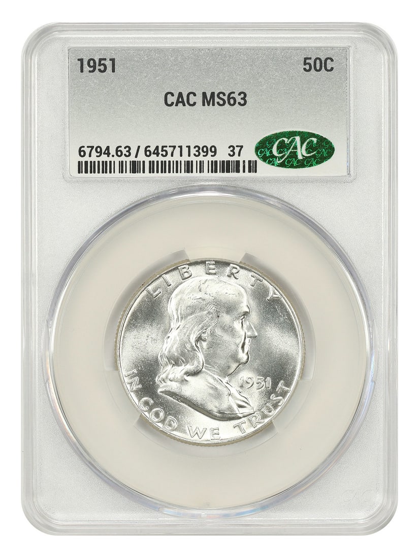 1951 Franklin Half Dollar CACG MS63 Philadelphia 50C Uncirculated: 1951 Franklin Half Dollar CACG MS63 Philadelphia 50C Uncirculated This 1951 Franklin Half Dollar is an uncirculated coin graded MS63 by CACG. It was minted in Philadelphia and is part of the Franklin 