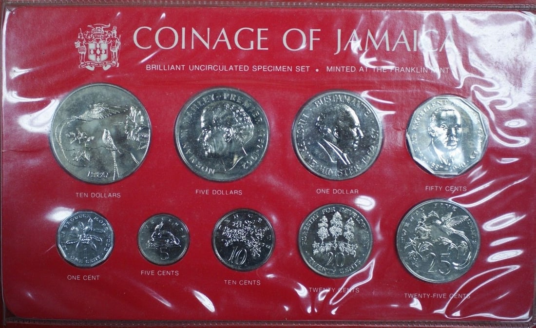 Jamaica 9 Coin Franklin Mint 1980 Specimen Set: Jamaica 9 Coin Franklin Mint 1980 Specimen Set This is a 1980 Franklin Mint Jamaica 9 Coin Uncirculated Specimen Set. The set includes denominations of ten dollars, five dollars, one dollar, fifty cen