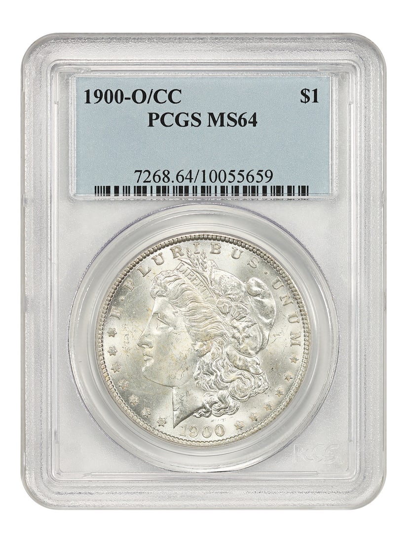 PCGS MS64 1900-O CC Morgan Dollar Scarce Variety: PCGS MS64 1900-O CC Morgan Dollar Scarce Variety This is a 1900-O/CC Morgan Dollar, a scarce and highly sought-after variety. Graded MS64 by PCGS, this uncirculated coin features the distinctive O ove