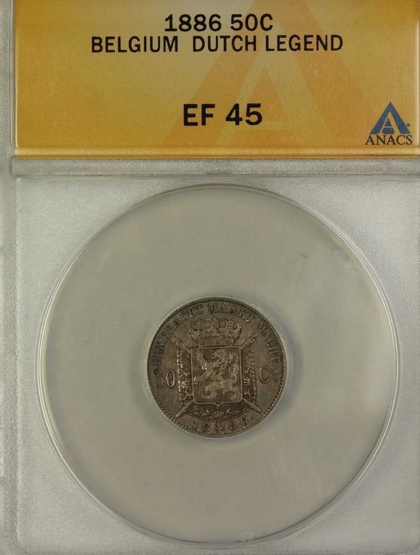 ANACS EF-45 1886 Belgium 50 Cent Silver Coin with Dutch Legend: ANACS EF-45 1886 Belgium 50 Cent Silver Coin with Dutch Legend This 1886 Belgium 50 cent coin features King Leopold II with a Dutch legend. Certified by ANACS with a grade of EF-45, this circulated co