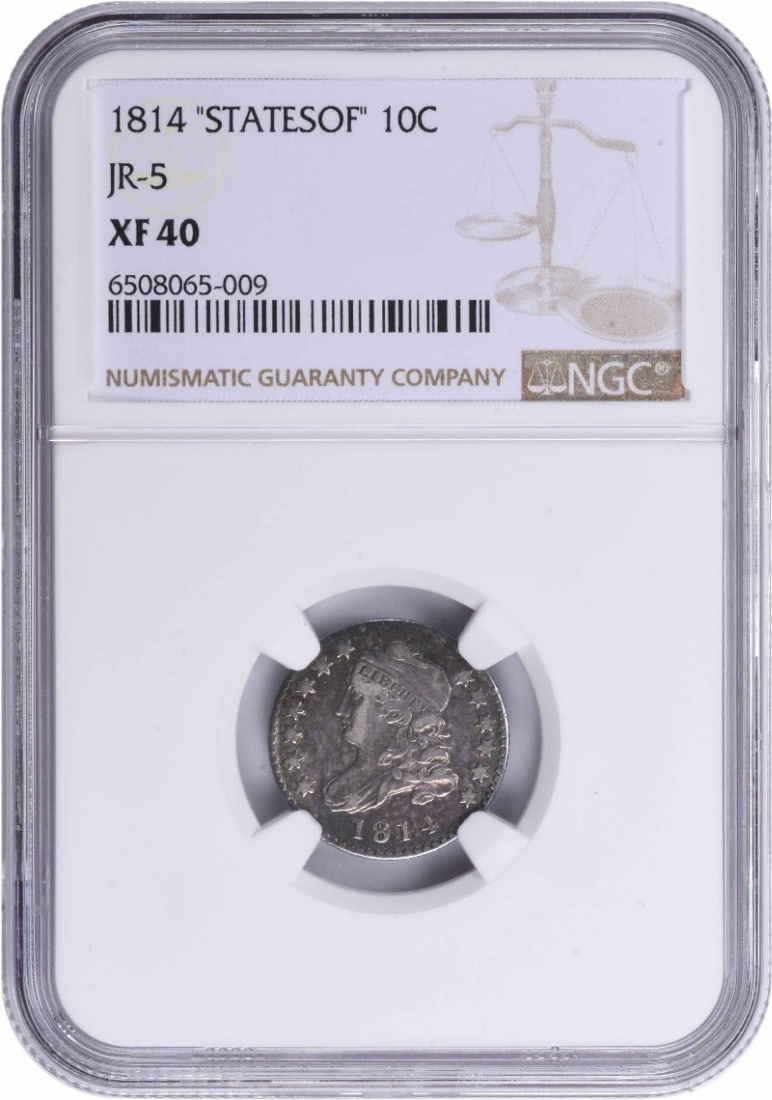 NGC Certified 1814 Capped Bust Silver Dime XF Philadelphia: NGC Certified 1814 Capped Bust Silver Dime XF Philadelphia This 1814 Capped Bust dime from the United States features the design by John Reich. Composed of 89.2% silver and 10.8% copper, this circulat