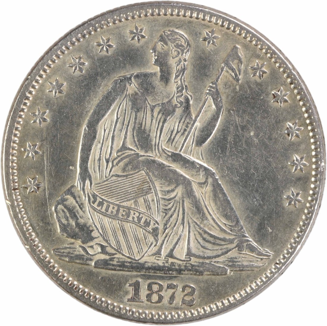 1872 Seated Liberty Half Dollar 90 Percent Silver AU Grade Uncertified: 1872 Seated Liberty Half Dollar 90 Percent Silver AU Grade Uncertified This 1872 Liberty Seated Half Dollar is an uncertified circulated coin from the Philadelphia Mint. Composed of 90% silver and 10%