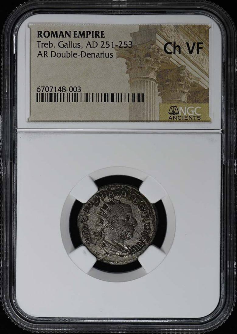 Roman Empire AR Double-Denarius of Treb Gallus AD 251-253 NGC VF30 Certified: Roman Empire AR Double-Denarius of Treb Gallus AD 251-253 NGC VF30 Certified This is a Roman Empire AR Double-Denarius from the reign of Trebonianus Gallus, minted between AD 251 and 253. The coin is 