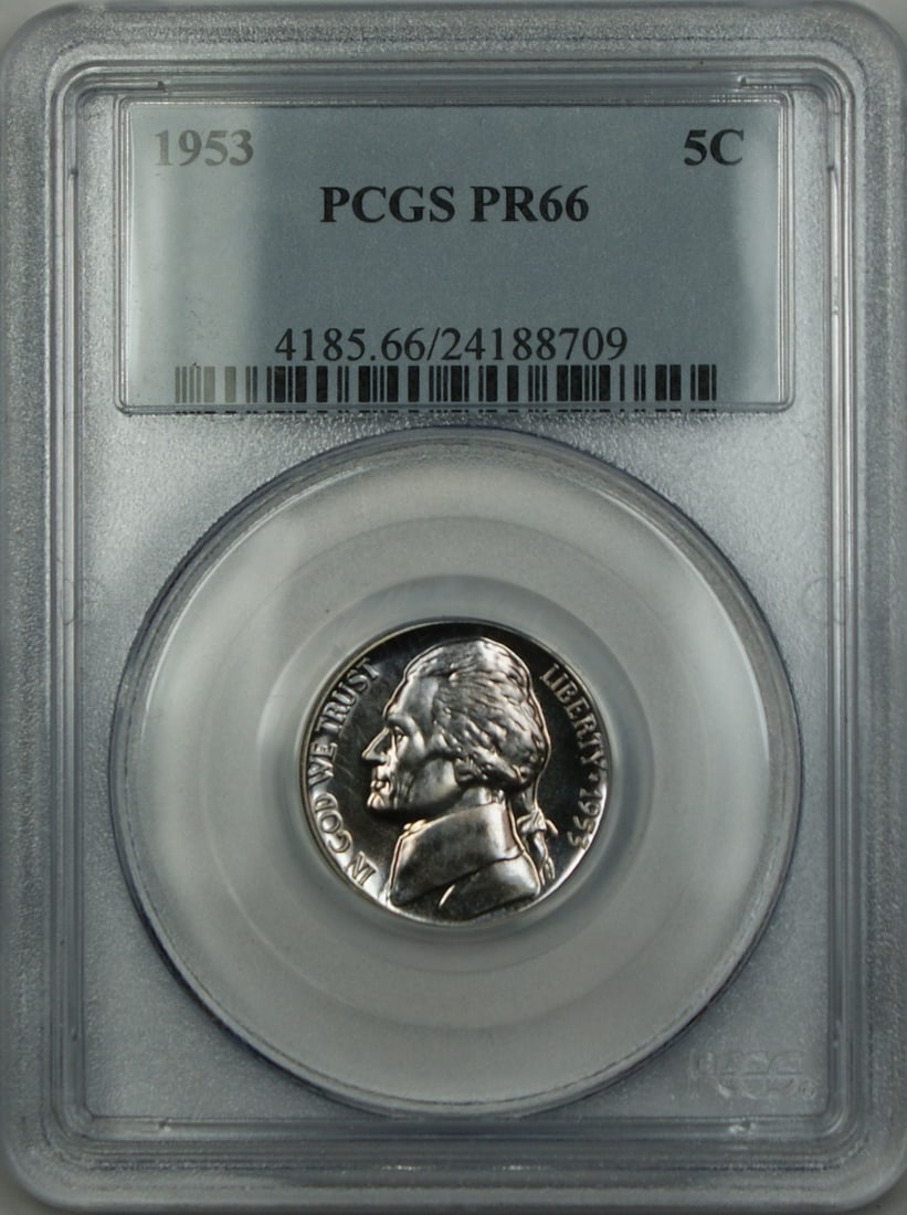 1953 Jefferson Nickel Proof 5C PCGS PR66 Certified Coin: 1953 Jefferson Nickel Proof 5C PCGS PR66 Certified Coin This is a 1953 Jefferson Nickel with a denomination of 5 cents, struck in proof quality at the Philadelphia Mint. The coin is composed of copper