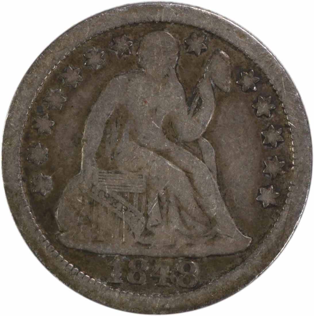 1848 Seated Liberty Dime Fine Grade Uncertified Philadelphia Issue: 1848 Seated Liberty Dime Fine Grade Uncertified Philadelphia Issue This 1848 Liberty Seated Silver Dime is a circulated coin from the United States, minted in Philadelphia. Featuring the Seated Libert